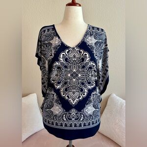 Agenda Mosaic Print Kimono Style Top V-neck Stretchy Blouse Blue White Women’s L